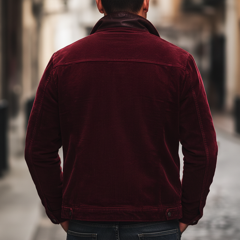 Men's Retro Dark Red Corduroy And PU Leather Snap-Button Jacket MTA1384K8U