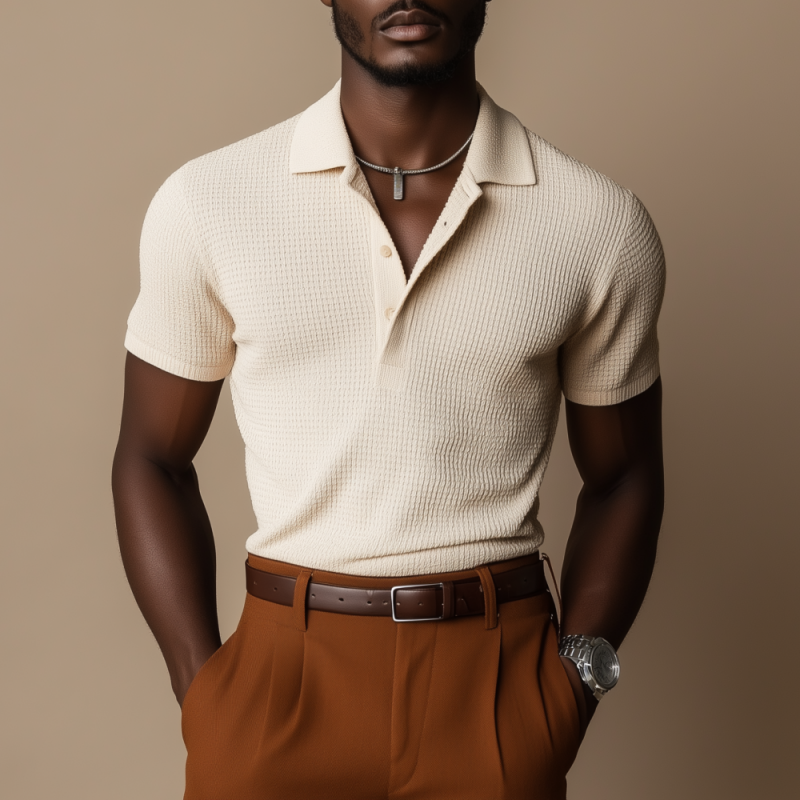 Men's Casual Breathable Cotton Blended Waffle Lapel Slim Fit Short Sleeve Polo Shirt MTA0494F2M