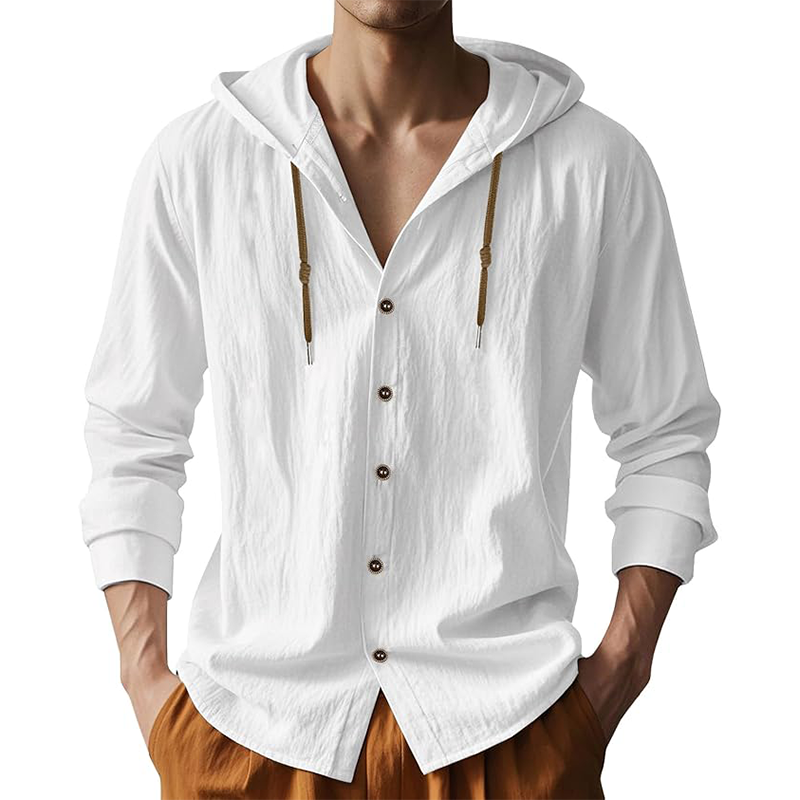 Men's Solid Color Cotton And Linen Long-Sleeved Hooded Shirt MTA2855G9P
