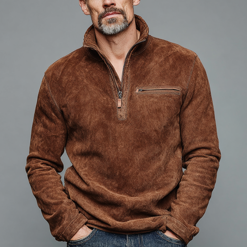 Men's Retro Zipper Stand Collar Faux Suede Long-Sleeve Polo Shirt MTA1776K4X