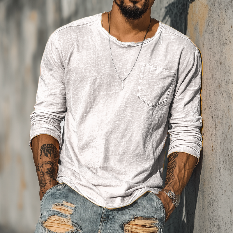 Men's Spring And Summer Casual Tough Guy Style Round Neck Raw Edge Bamboo Cotton Long Sleeve T-shirt MTA1664G4K