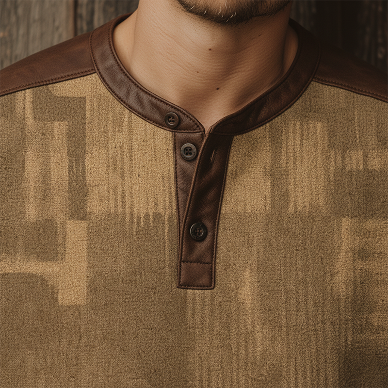 Men's Winter Fashion Polyester-blend PU-paneled Thermal Henley Collar Sweatshirt MTA2661I2P