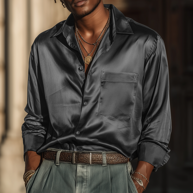 Men's Vintage Elegant Solid Color Satin Lapel Patch Pocket Loose Long Sleeve Shirt MTA1960G9M