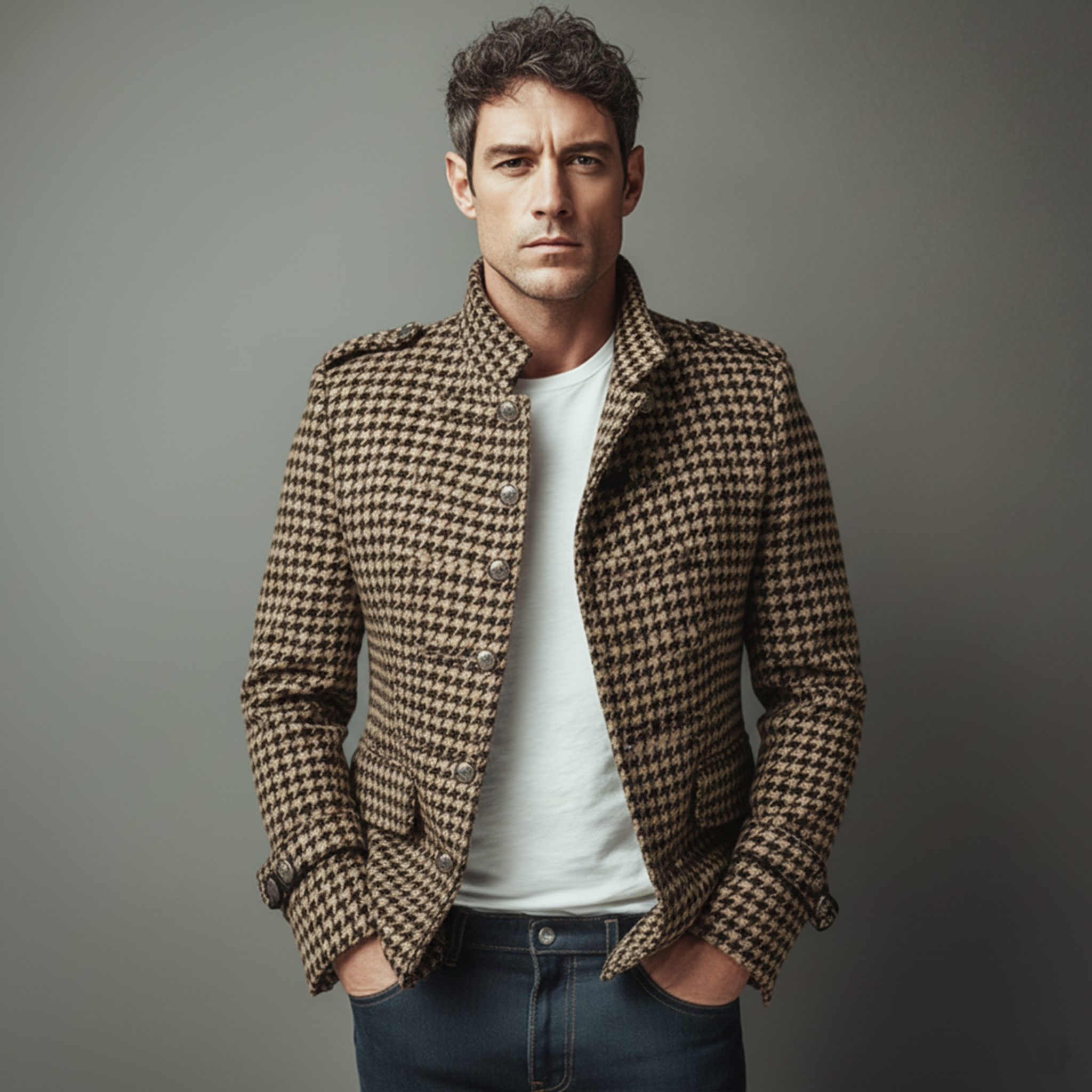 Men's Classic Retro Stand Collar Houndstooth Wool Single-breasted Slim-fit Jacket MTA1726I1K