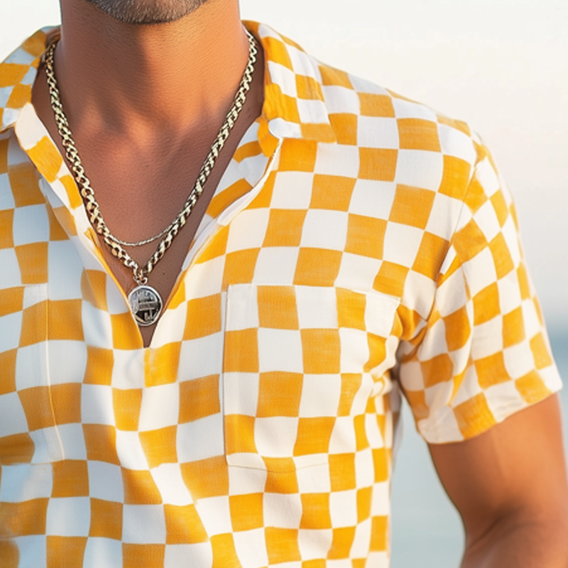 Men's Classic Checkerboard V-neck Short Sleeve T-Shirt MTA2232G9U