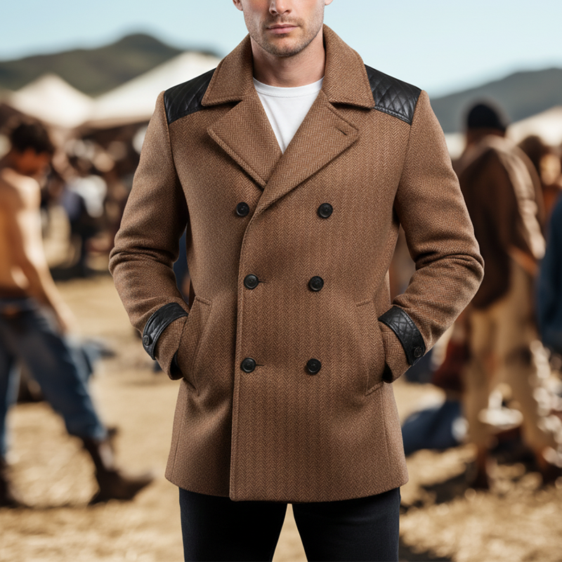 Men's Winter Fashion PU Patchwork Herringbone Faux Wool Double-breasted Mid-length Coat MTA2875I0P