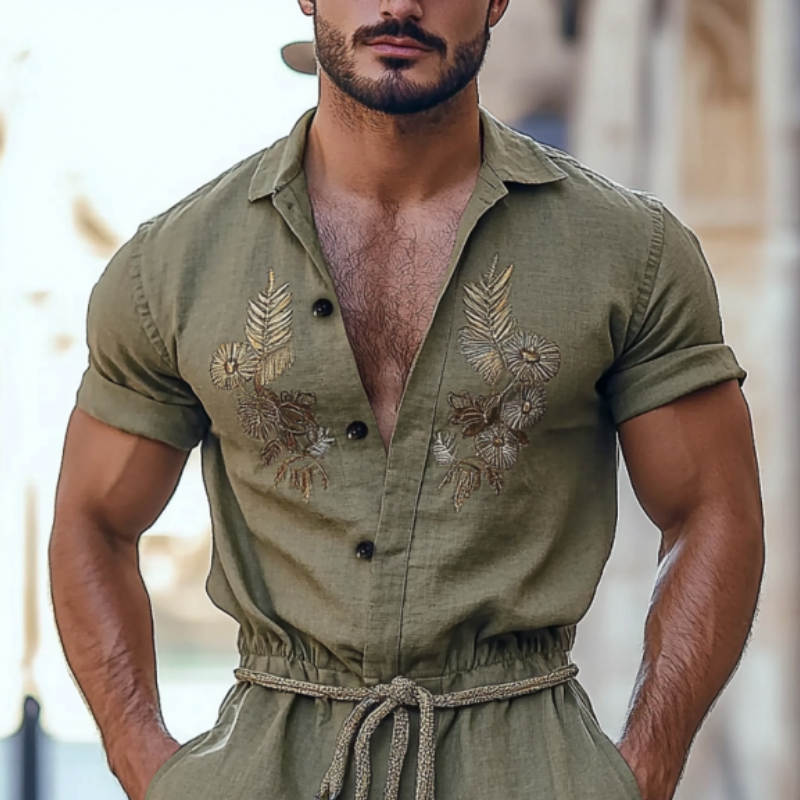 Men's Fashion Floral Embroidery Lapel Short Sleeve Single Breasted Drawstring Shorts Jumpsuit MTA2302F2Y