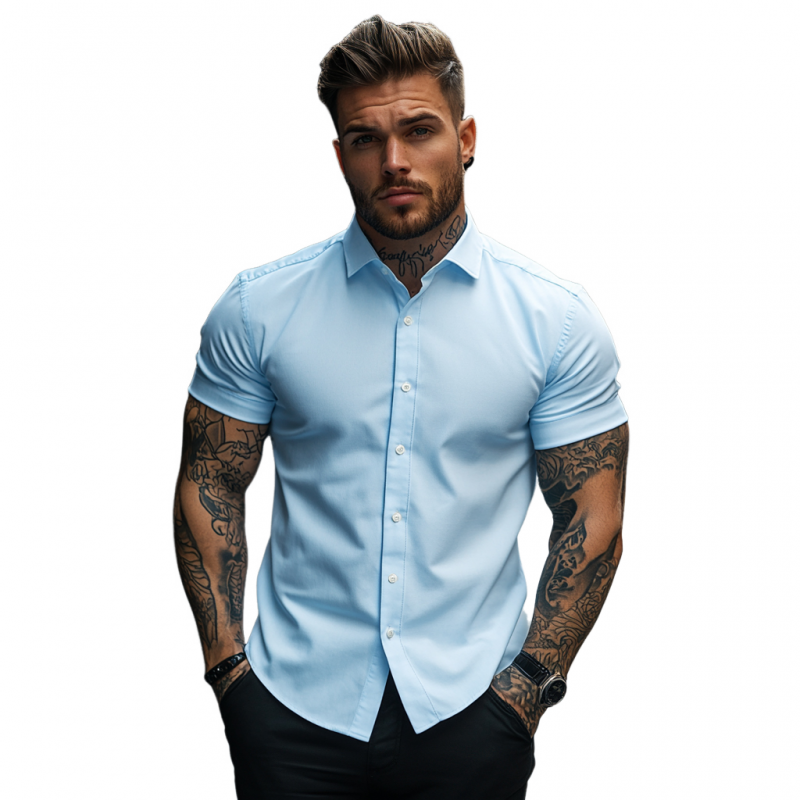 Men's Casual Soft Breathable Cotton Lapel Slim Fit Short Sleeve Shirt MTA2758E1M
