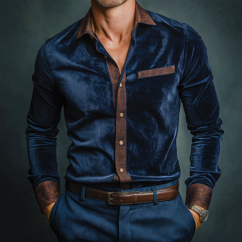 Men's Retro Casual Velvet Print Color Block Lapel Long Sleeve Shirt MTA2808J7TO