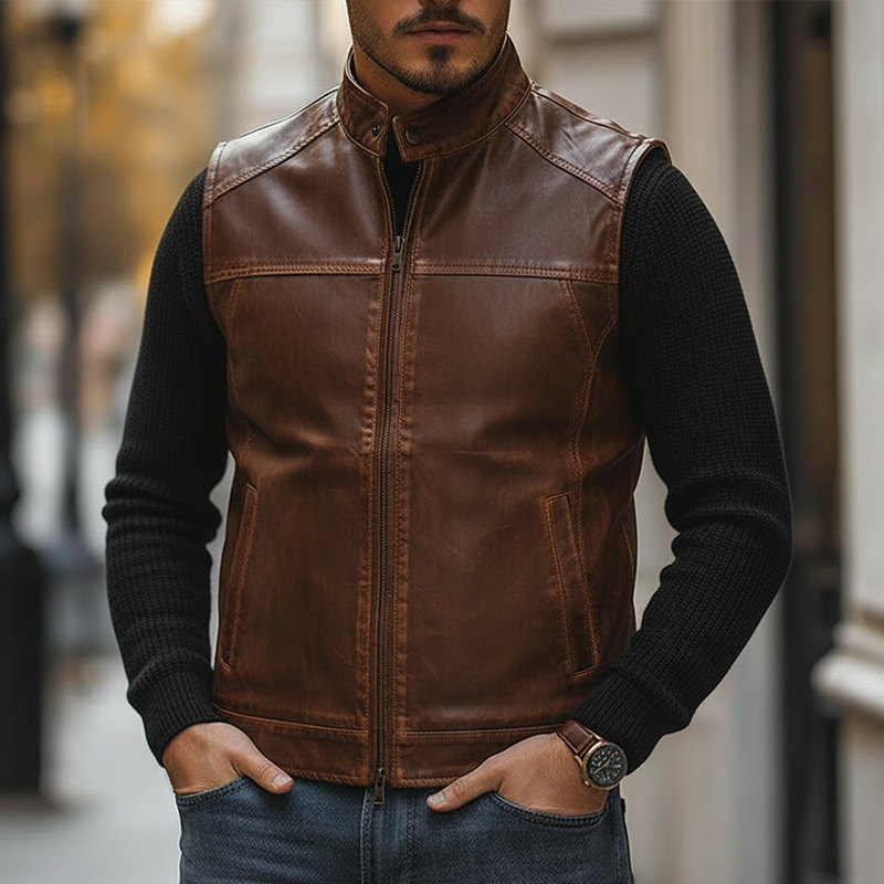 Men's Retro Distressed PU Faux Leather Zipper Sleeveless Vest MTA2332L8P