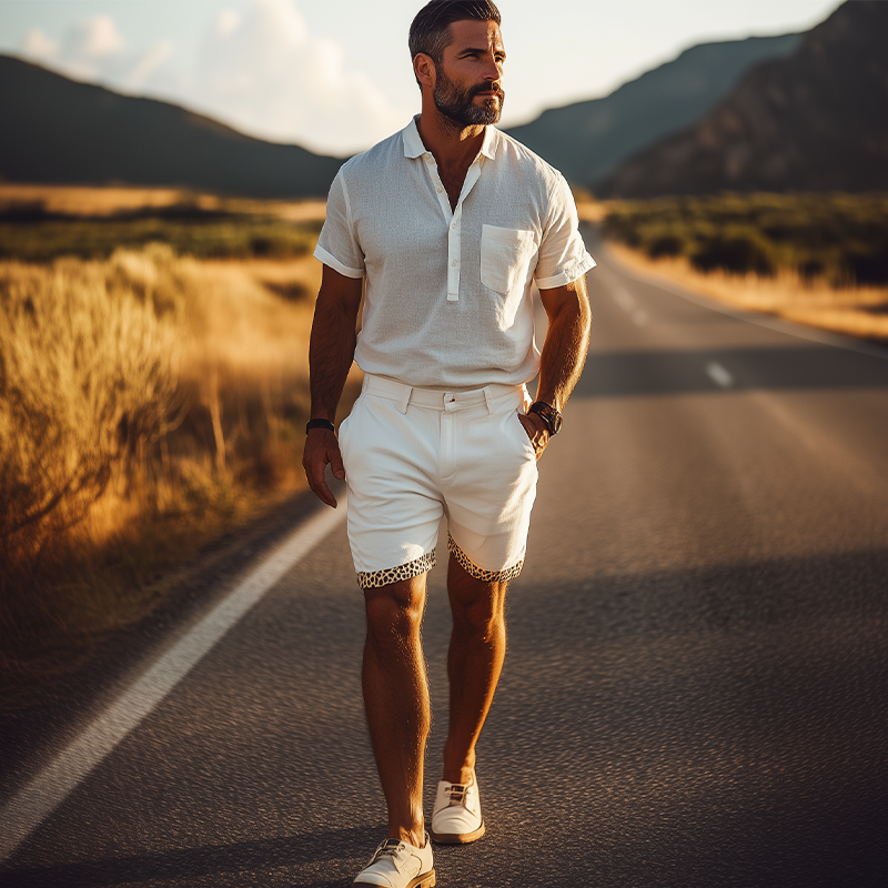 Men's Spring And Summer Casual Fashion Cotton Blended Trouser Leg Stitching Leopard Print Shorts MTA1302E0K