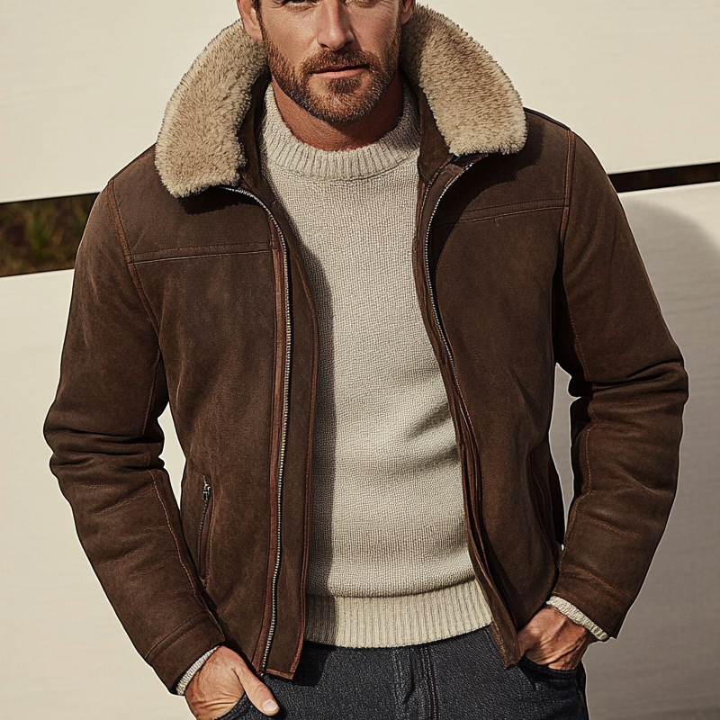 Men's Retro Lapel Faux Fur Patchwork Suede Jacket MTA1566K1X