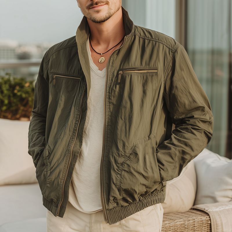 Men's Classic Military Green Stand-up Collar Zip-up Jacket MTA2919I7U