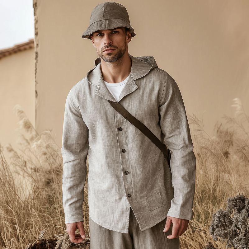 Men's Casual Solid Color Breathable Linen Lapel Hooded Loose Long Sleeve Shirt MTA1516G9M