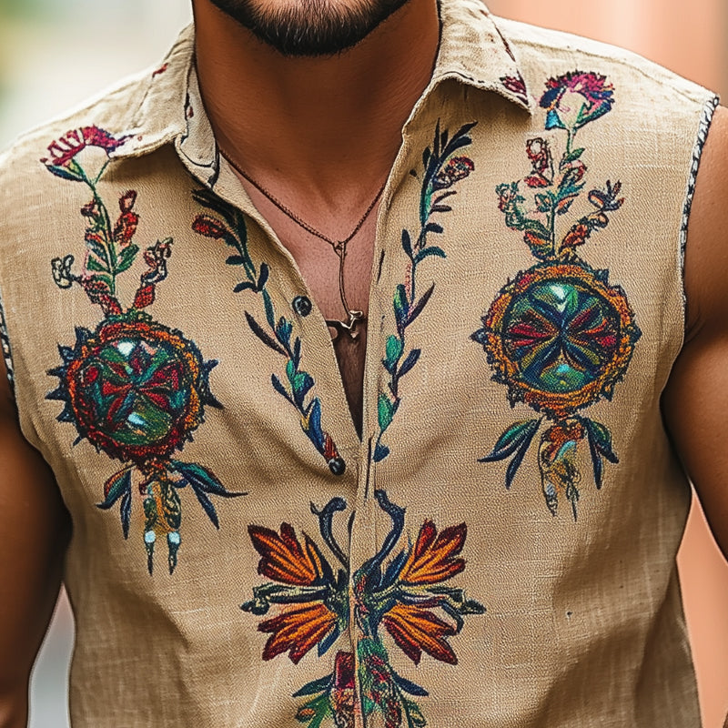 Men's Vintage Floral Embroidered Lapel Sleeveless Shirt MTA2757E9X