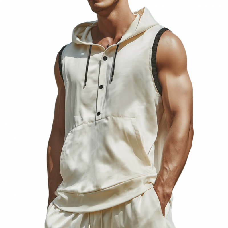 Men's Fashion Contrast Color Satin Henley Collar Hooded Kangaroo Pocket Loose Tank Top MTA2088F1M