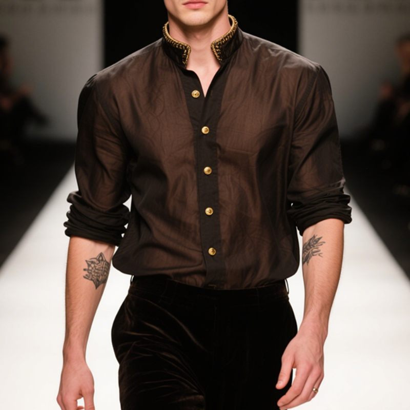 Men's Retro Casual Medieval Embroidery Metal Stand Collar Long Sleeve Shirt MTA2935E7TO