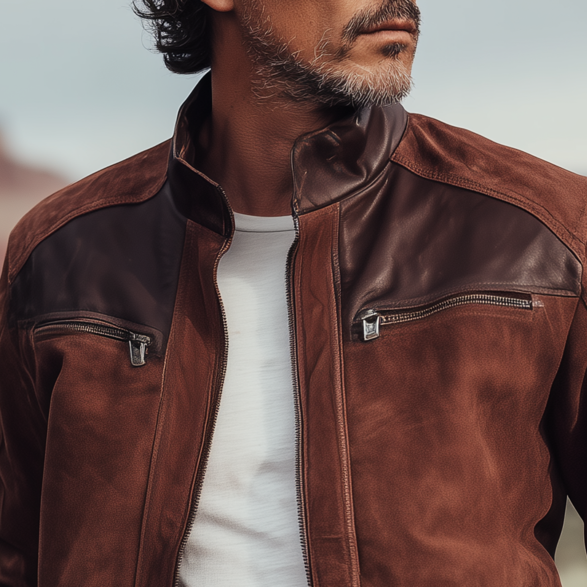 Men's Classic Western Retro Tough Style PU Leather Stand Collar Zipper Suede Jacket MTA0584I1K