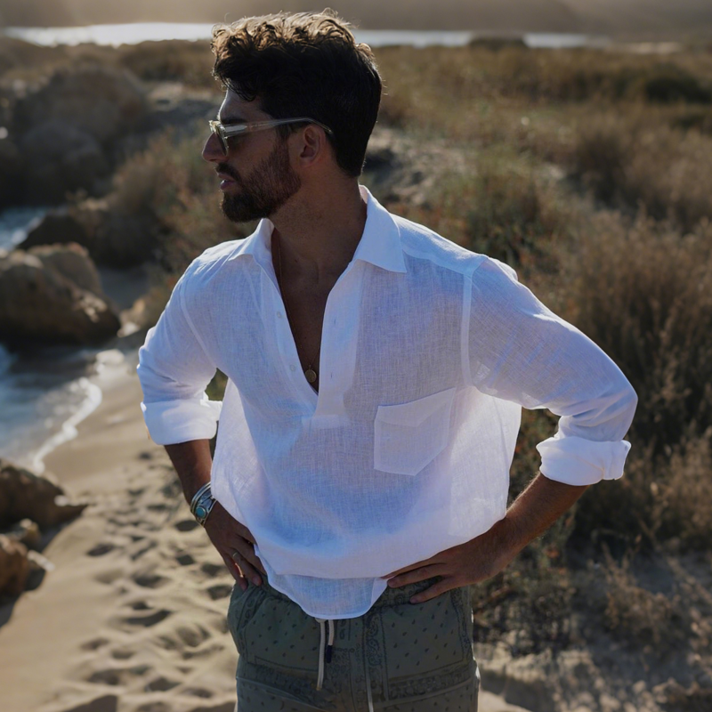 Men's Casual Solid Color Breathable Linen Button-up Lapel Patch Pocket Loose Long Sleeve Shirt MTA0434G3M