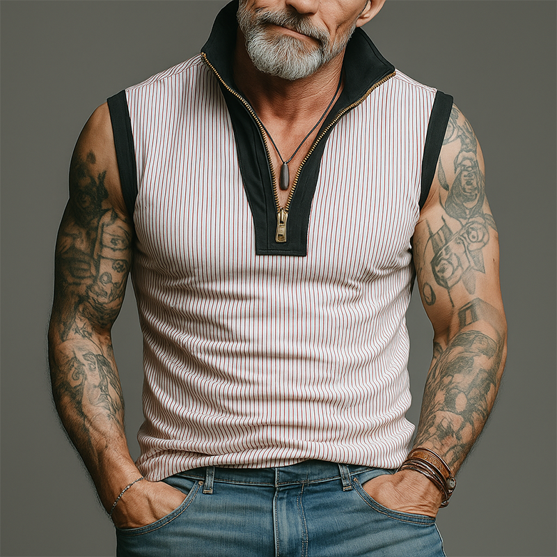 Men's Summer Cotton Blended Retro Stitching Sleeveless Zipper Tank Top MTA1441G9P