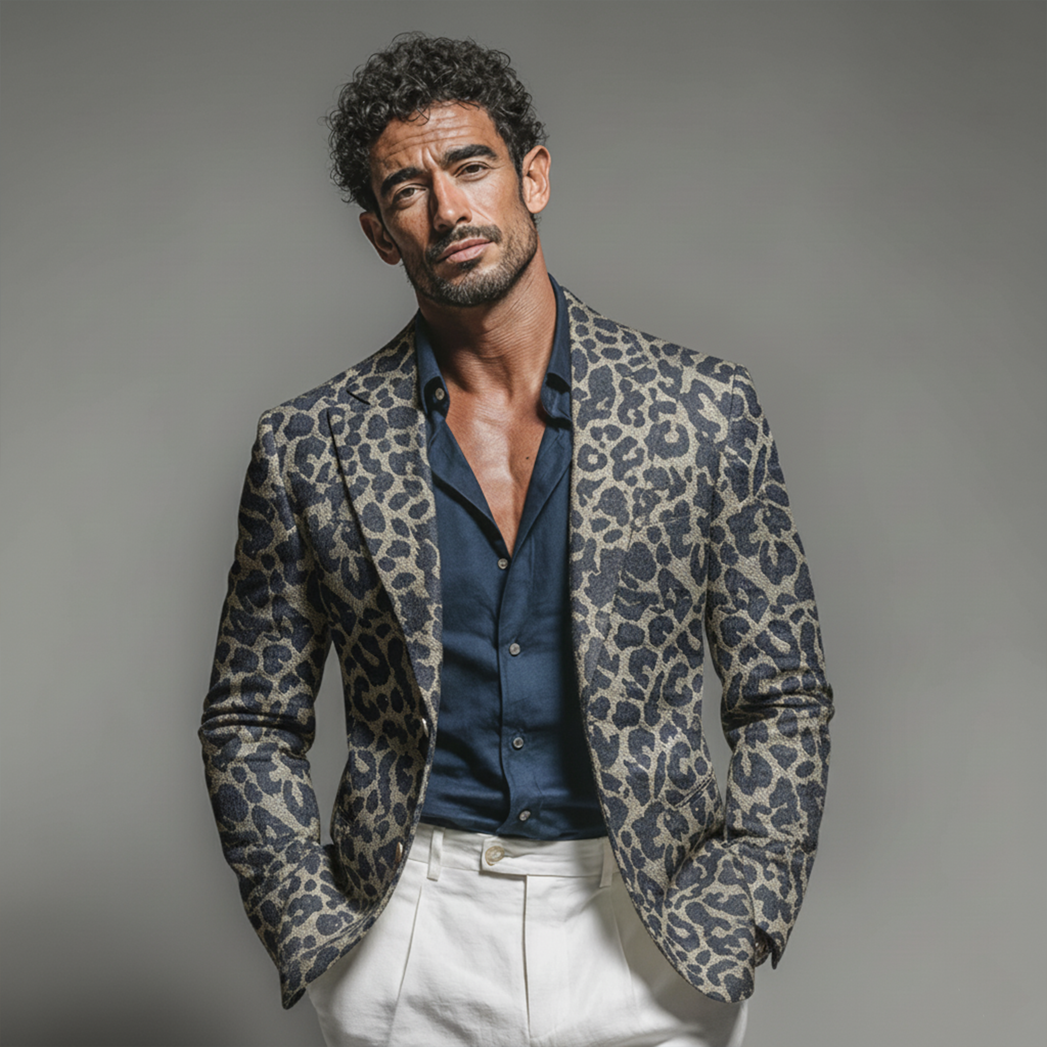 Men's Classic Casual Rugged Denim Jacquard Leopard Print Single-breasted Blazer MTA3051K7K