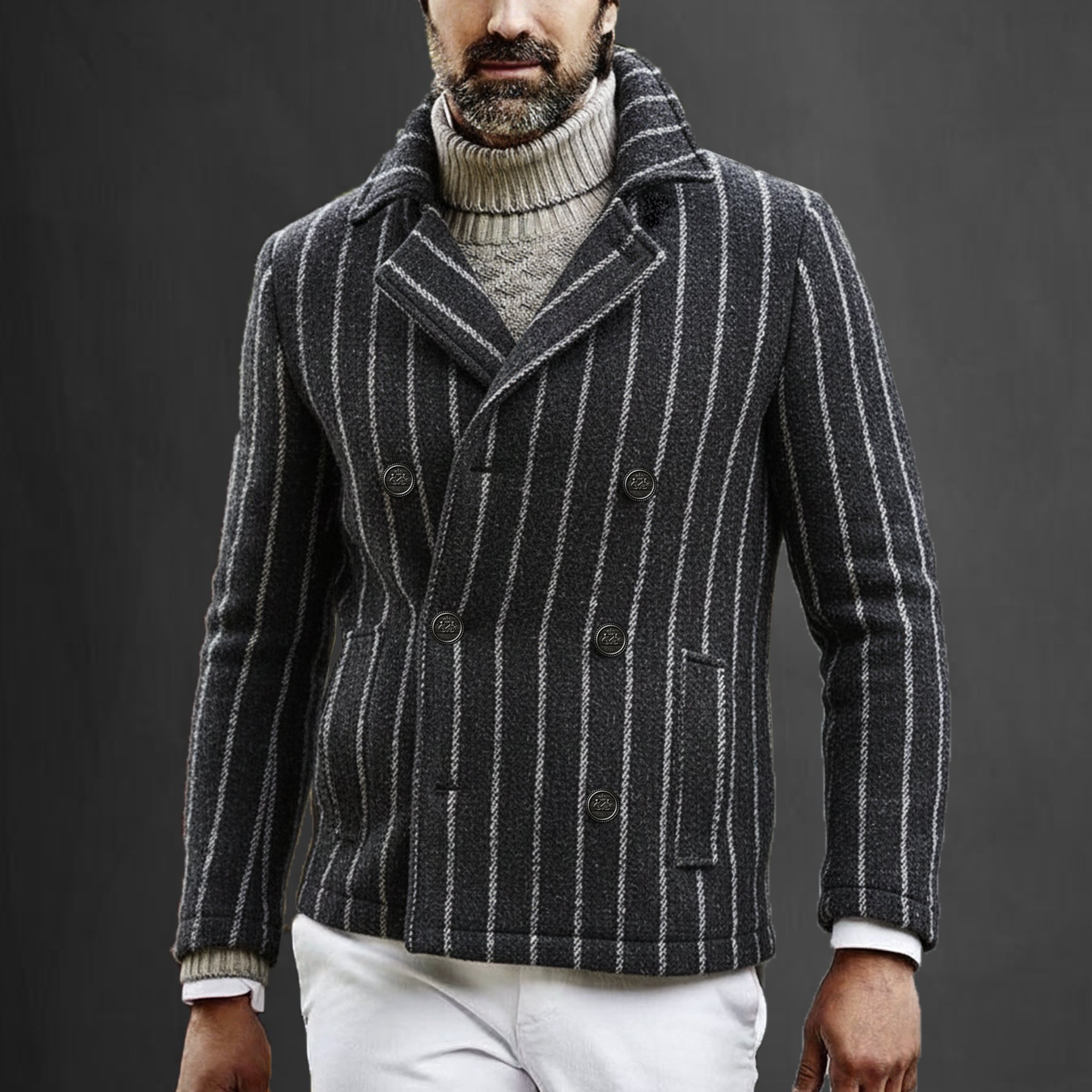 Men's Classic Retro Lapel Vertical Striped Fuax Wool Double-breasted Jacket MTA2419I0K