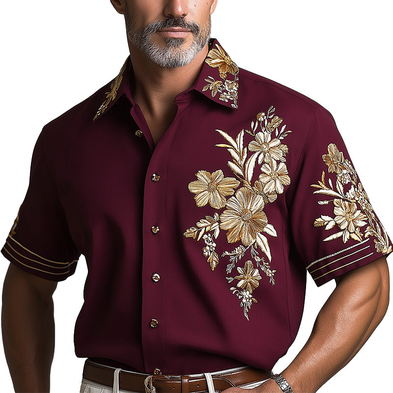 Men's Summer Fashion Floral Embroidery Cotton And Linen Short Sleeve Shirt MTA1589E7P