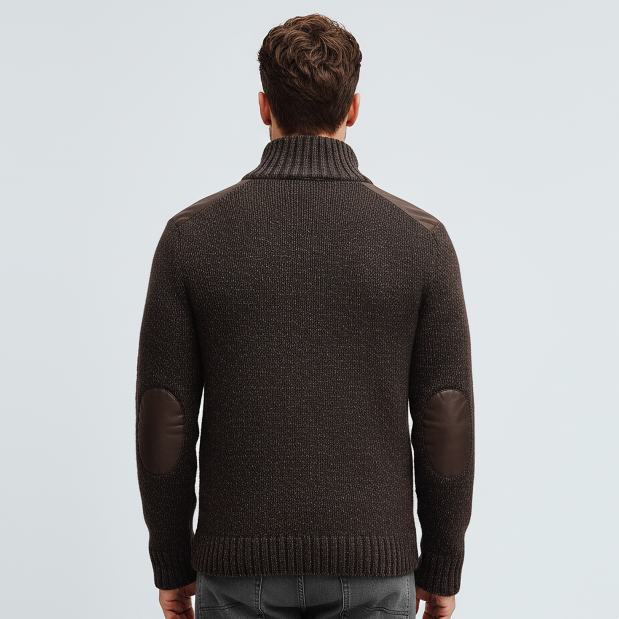 Men's Classic Casual Shoulder And Pocket Stitching PU Leather Stand Collar Zipper Knitted Cardigan MTA0904J8K