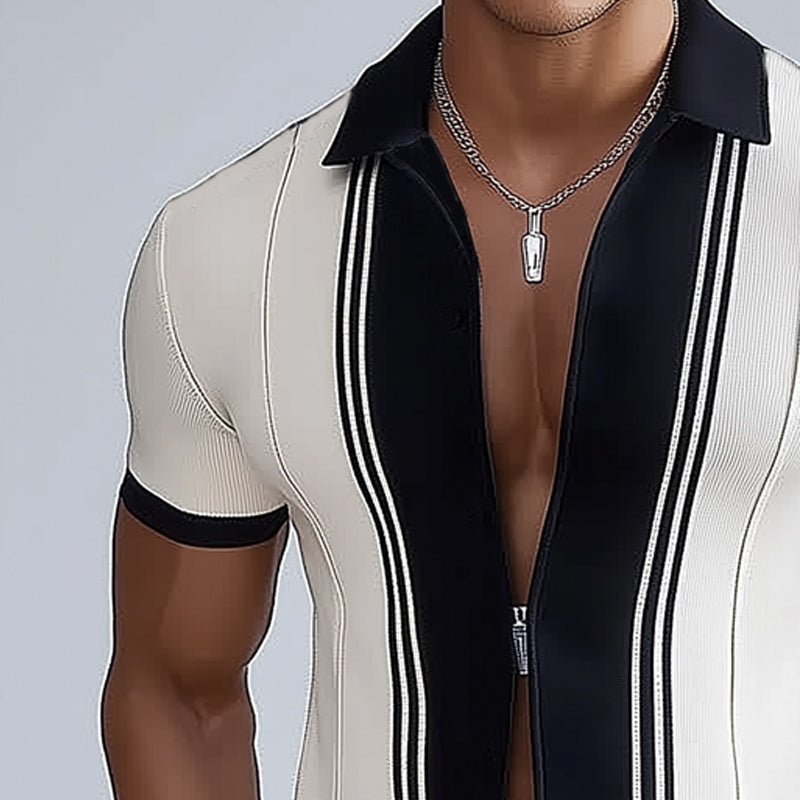 Men's Business Black And White Color Block Lapel Zipper Slim Fit Knitted Shirt MTA0772E6U