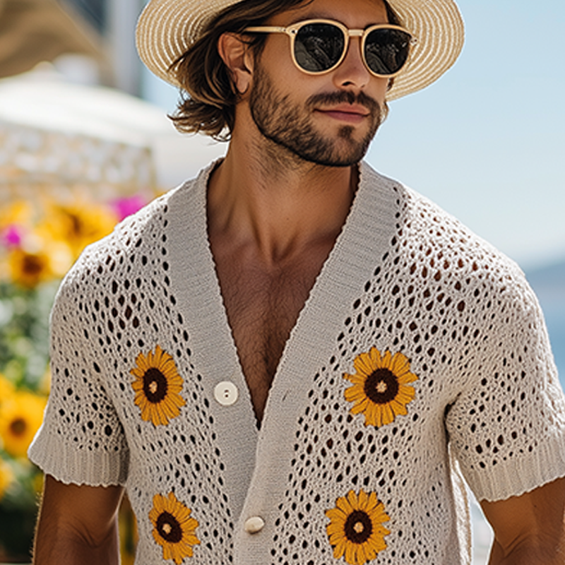 Men's Spring And Summer Fashion Casual Vacation Style Knitted Hollow Flower Short-sleeved Shirt MTA2187F8K