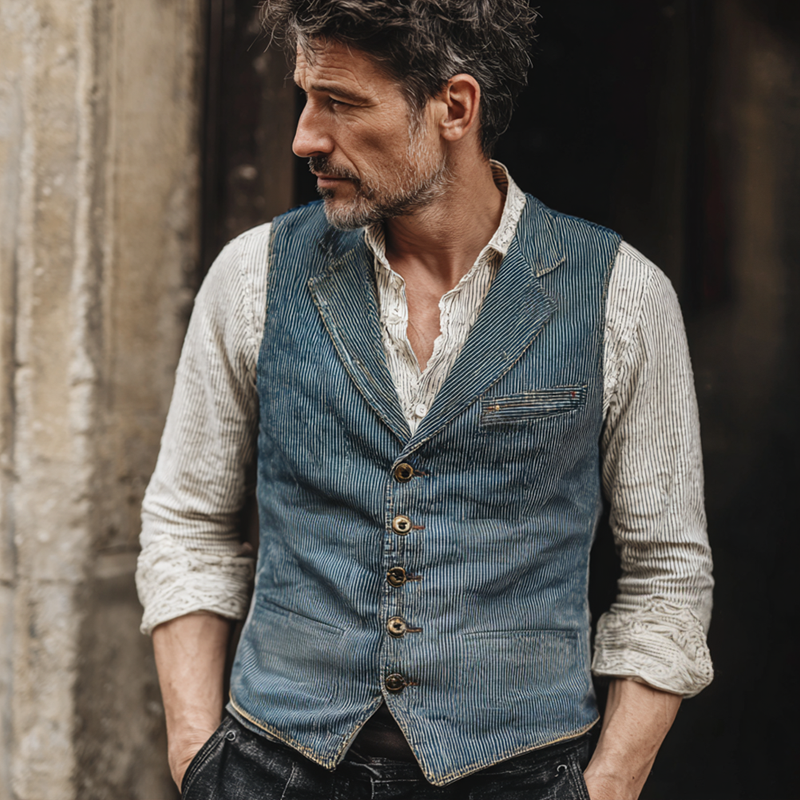 Men's Washed Striped Denim Notch Lapel Single Breasted Vest MTA2879H7Z