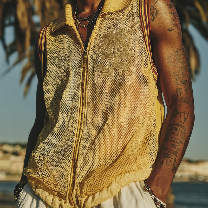Men's Spring And Summer Fashion Casual Mesh Zipper Lapel Embroidered Sleeveless Shirt MTA1947F8K