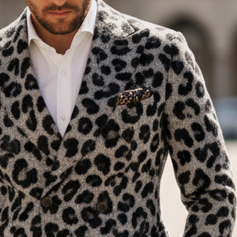 Men's Black And Grey Leopard Print Faux Wool Double-breasted Blazer MTA1897I4U