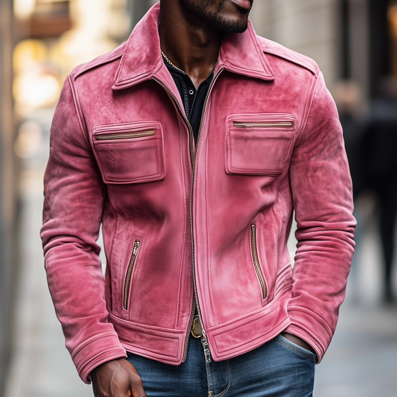 Men's Autumn Pink Suede Zipper Lapel Jacket MTA0450I0U