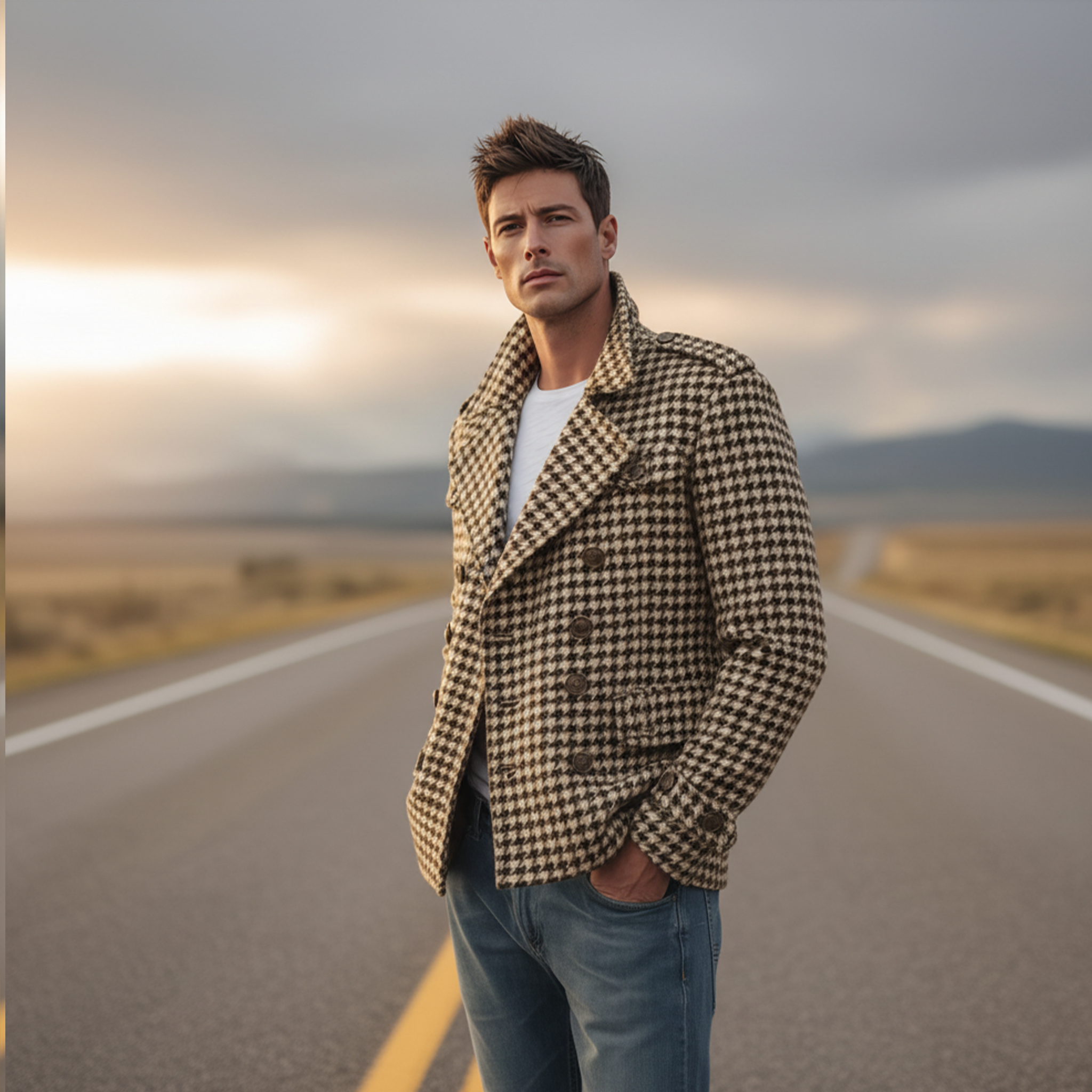 Men's Classic Retro Lapel Houndstooth Wool Double-breasted Jacket MTA1701I4K