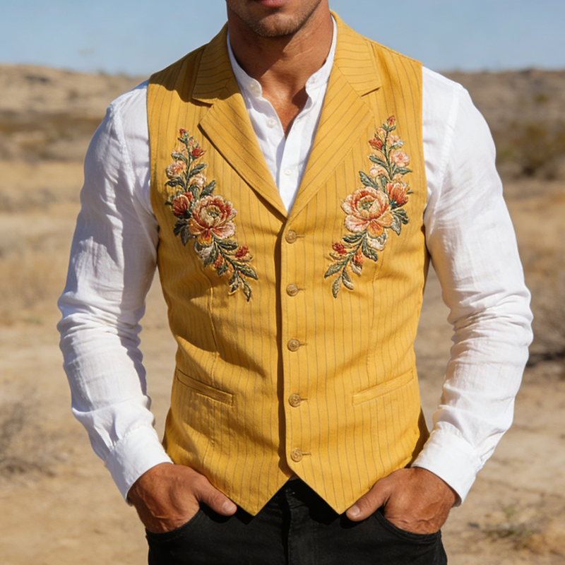 Men's Retro Casual Cotton Printed Striped Floral Embroidered Lapel Jacket MTZ1257A1TO