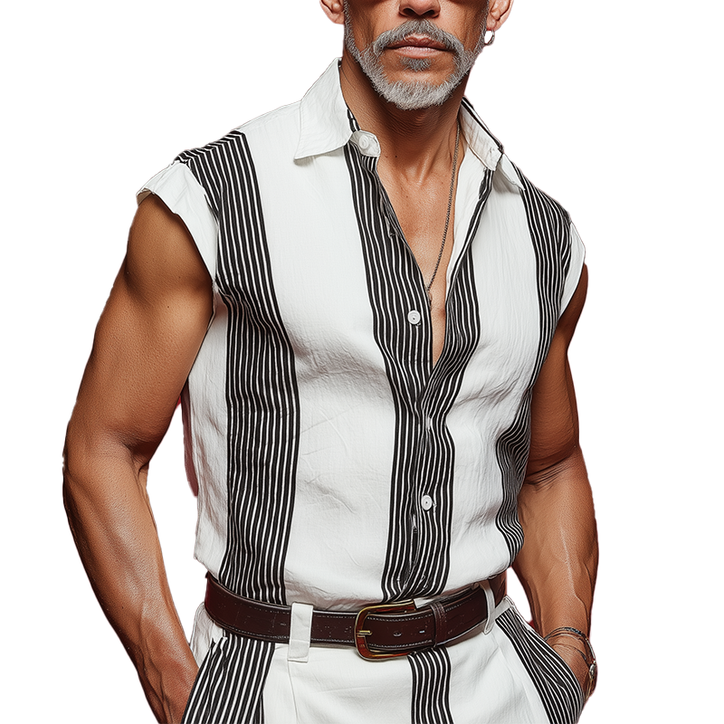 Men's Summer Fashion Striped Printed Cotton Blended Sleeveless Shirt MTA1041G8P