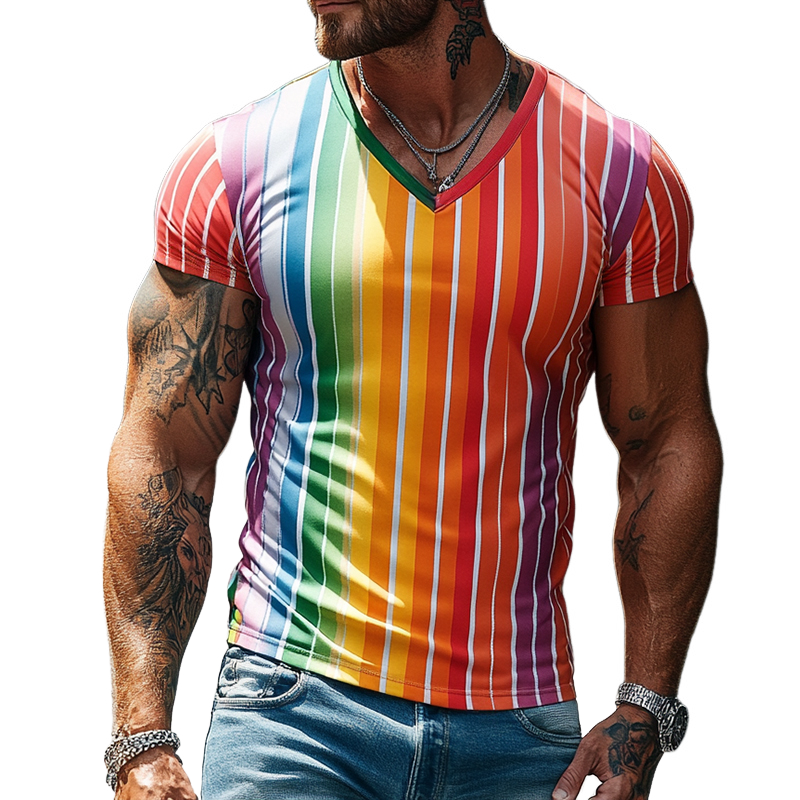 Men'S Retro Casual Rainbow Stripe Print V-Neck Short Sleeve T-Shirt MTA0988E4TO