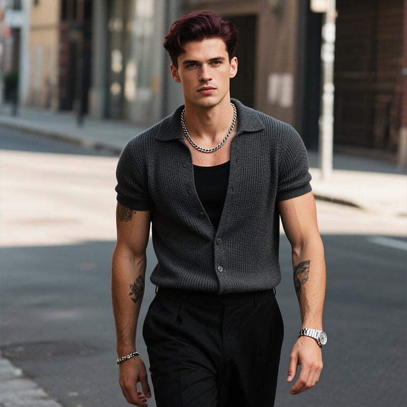 Men's Retro Casual Street Solid Color Knitted Lapel Short Sleeve Shirt MTA2903E3TO