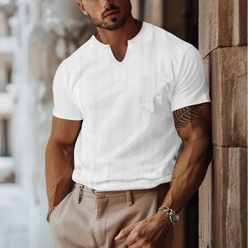 Men's Retro Casual Solid Color Pocket Small V-Neck Short Sleeve T-Shirt MTA0268G5TO