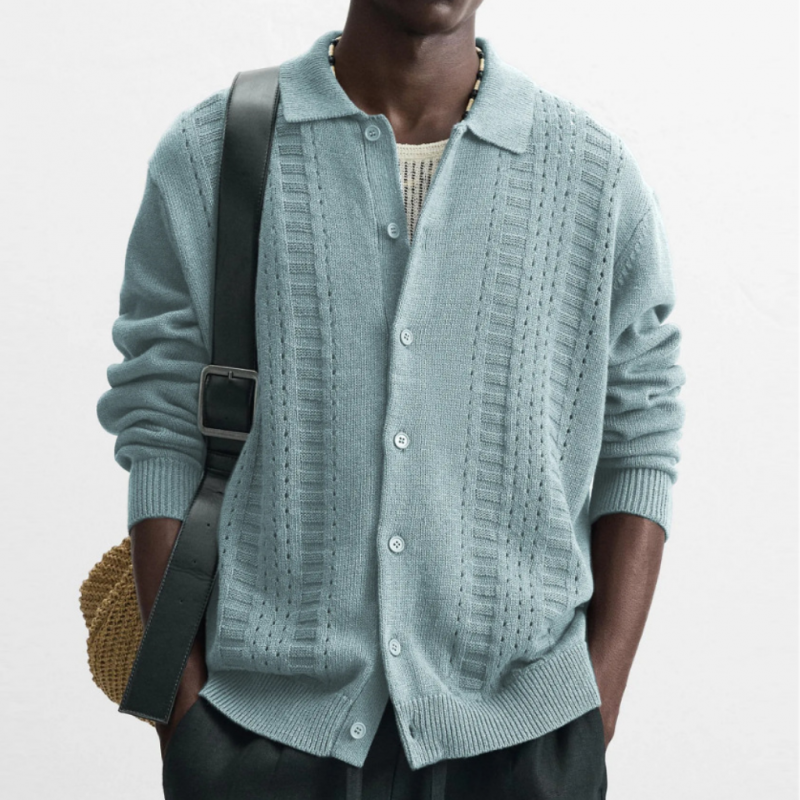 Men's Casual Solid Color Breathable Lapel Single-breasted Knitted Loose Cardigan MTA0634H0M