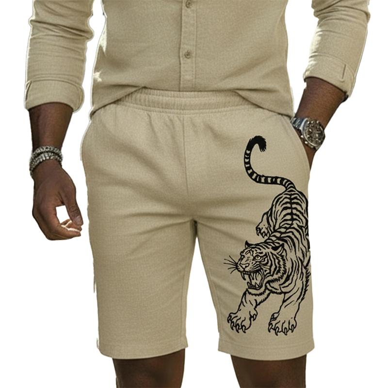 Men's Fashion Tiger-Embroidered 100% Cotton Beach Shorts MTZ2712A8P