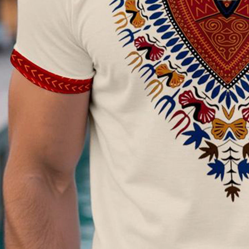 Men's Summer Ethnic Style Printed V-Neck Cotton And Linen Short-Sleeved T-Shirt MTA2213E7P