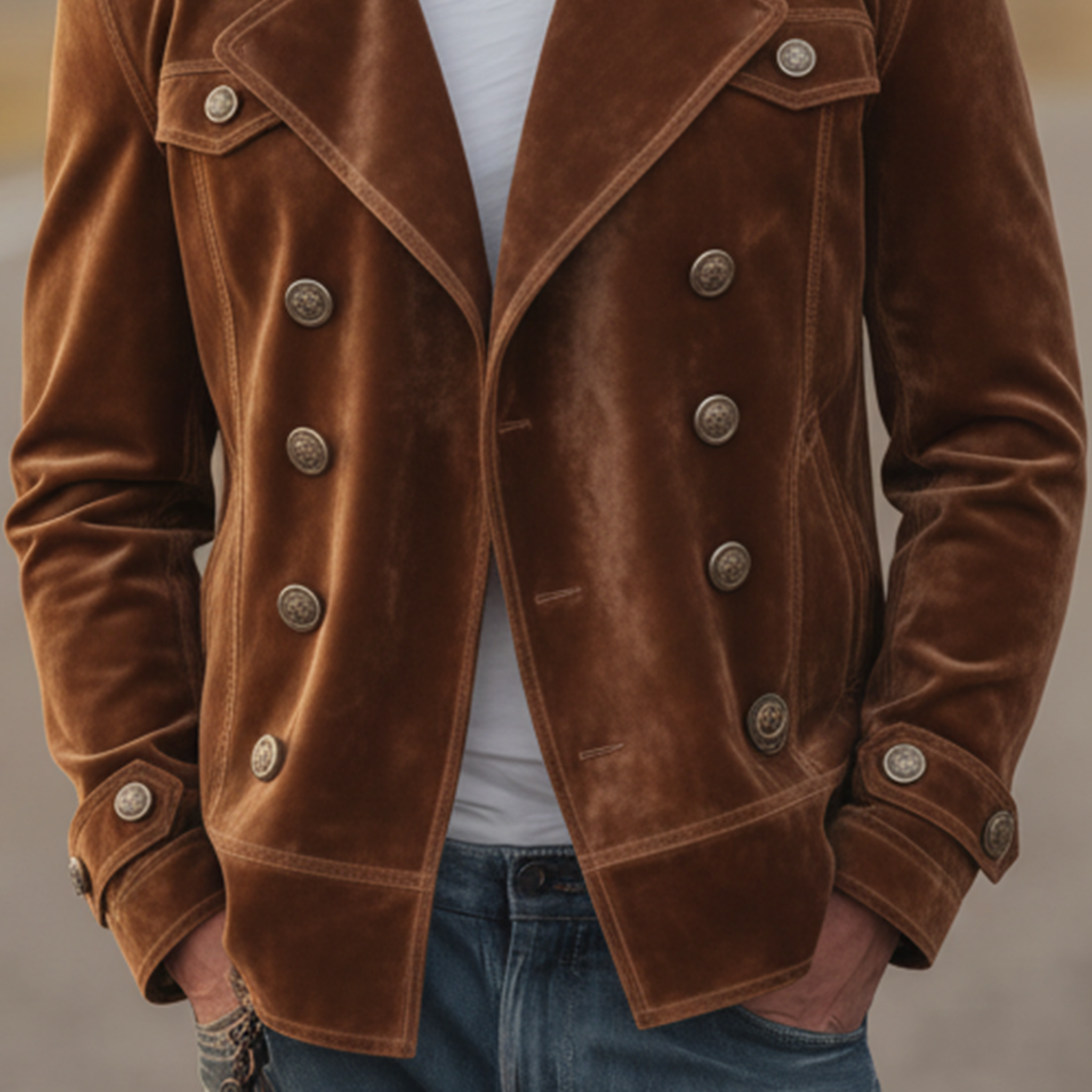 Men's Classic Retro Western Style Double-breasted Faux Velvet Lapel Jacket MTA1435K3K