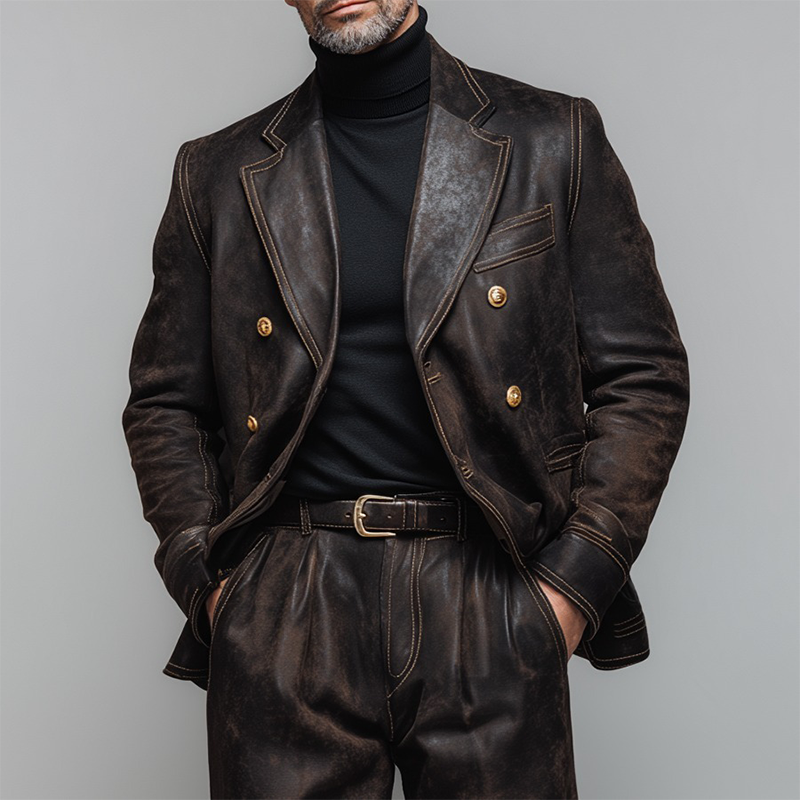Men's Vintage Casual Distressed Leather Blazer MTA2651H7TO