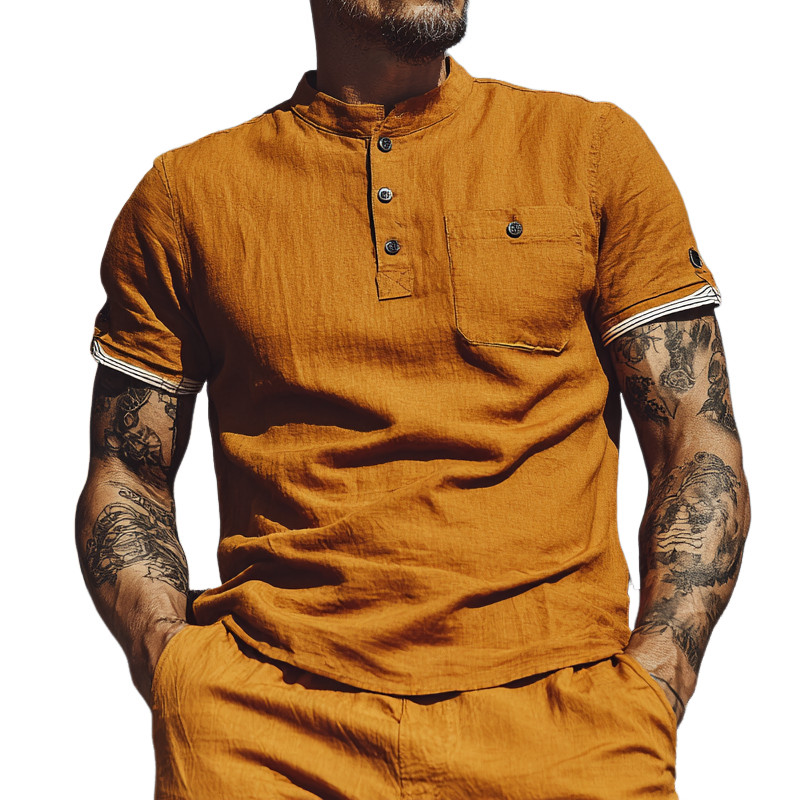 Men's Cotton And Linen Stand Collar Contrast Color Short Sleeve Shirt MTA2760F7X