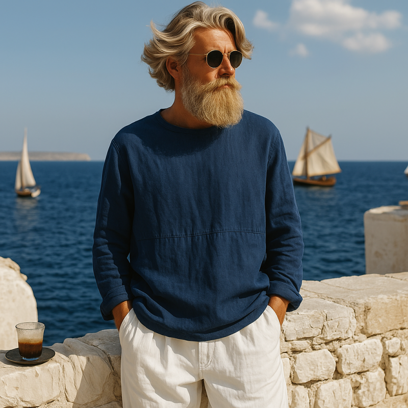 Men's Casual Breathable Cotton Linen Round Neck Loose Long-sleeved T-shirt MTA0121G9M