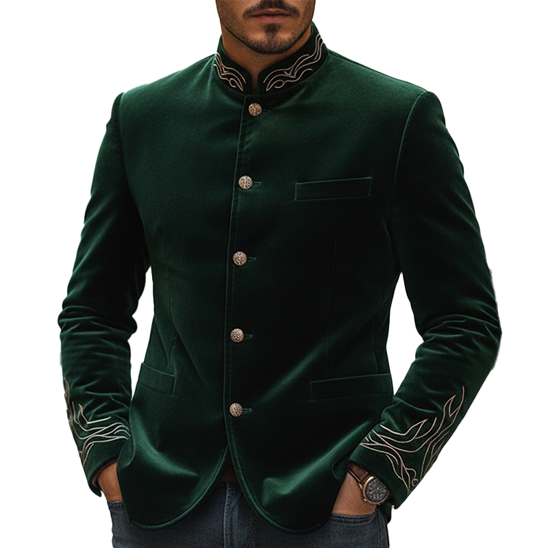 Men's Vintage Embroidered Stand-collar Velvet Jacket With Buttons MTA2341L6P