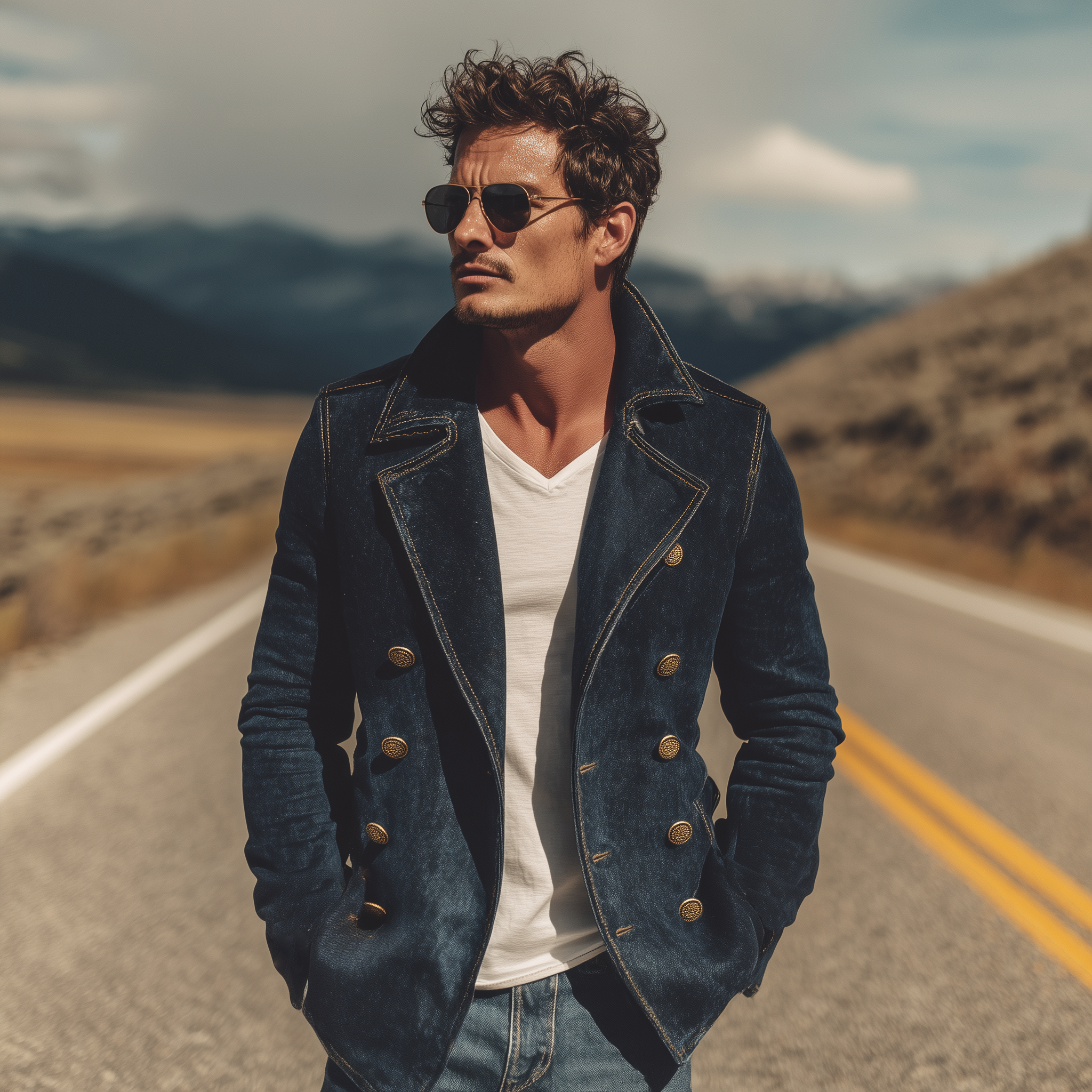 Men's Classic Retro Western Style Washed Denim Double-breasted Slim Fit Jacket MTA0821H3K