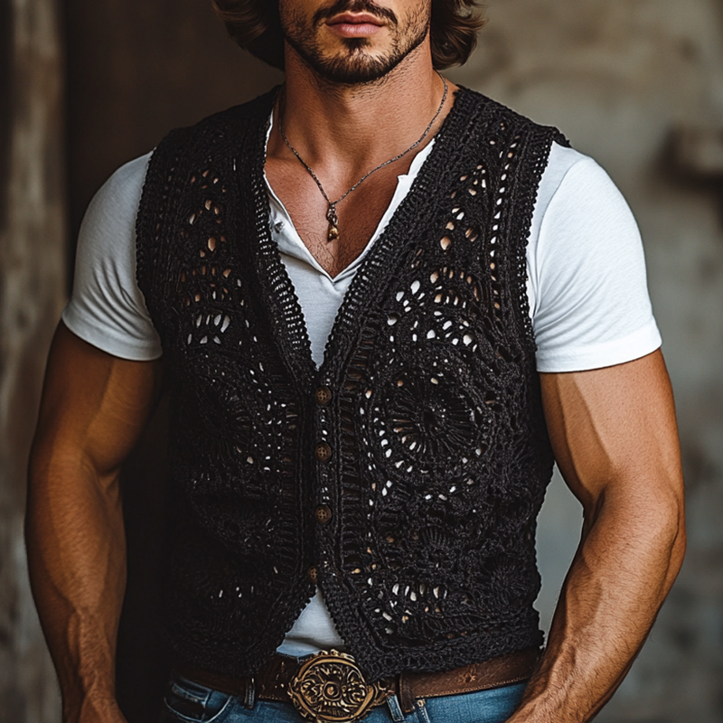 Men's Western Style Black Crochet Single Breasted Vest MTA1355F6Y